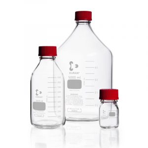 Frasco ISO cilíndrico, con tapón de rosca resistente a altas temperaturas (PBT, rojo) y anillo de vertido (ETFE, rojo), DURAN®