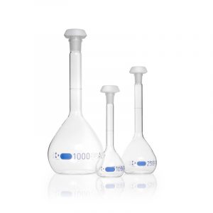 Matraz aforado clase A, con tapón PE, graduación azul, DURAN®